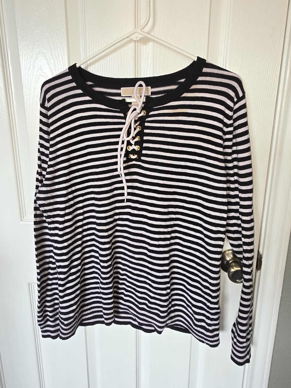 Michael Kors Black & White Striped Lace-Up Long Sleeve Top with Gold Eyelets